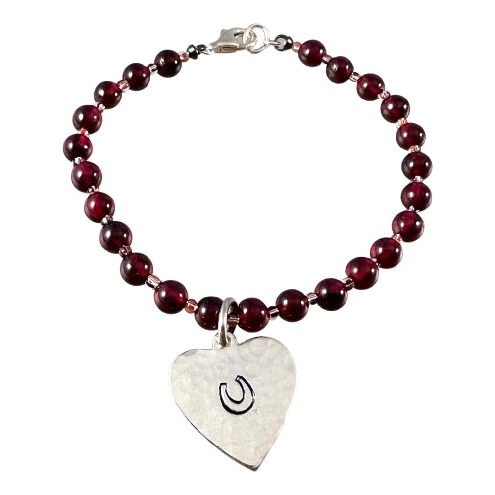 Garnet Beaded Horse Shoe Charm Bracelet